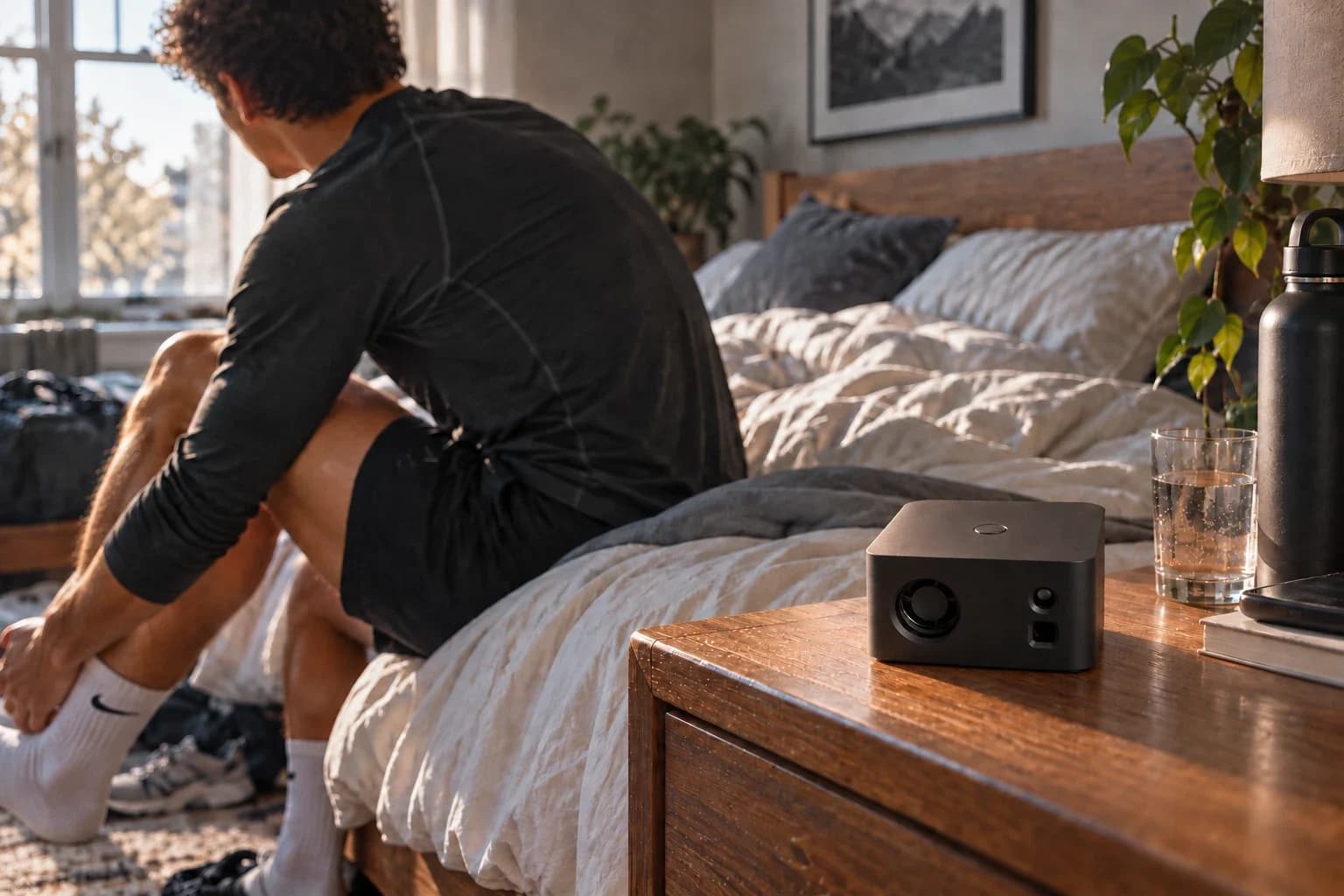 A player sits on his bed in the morning. The TOP sensor, a small black cube, sits on the bedside table.