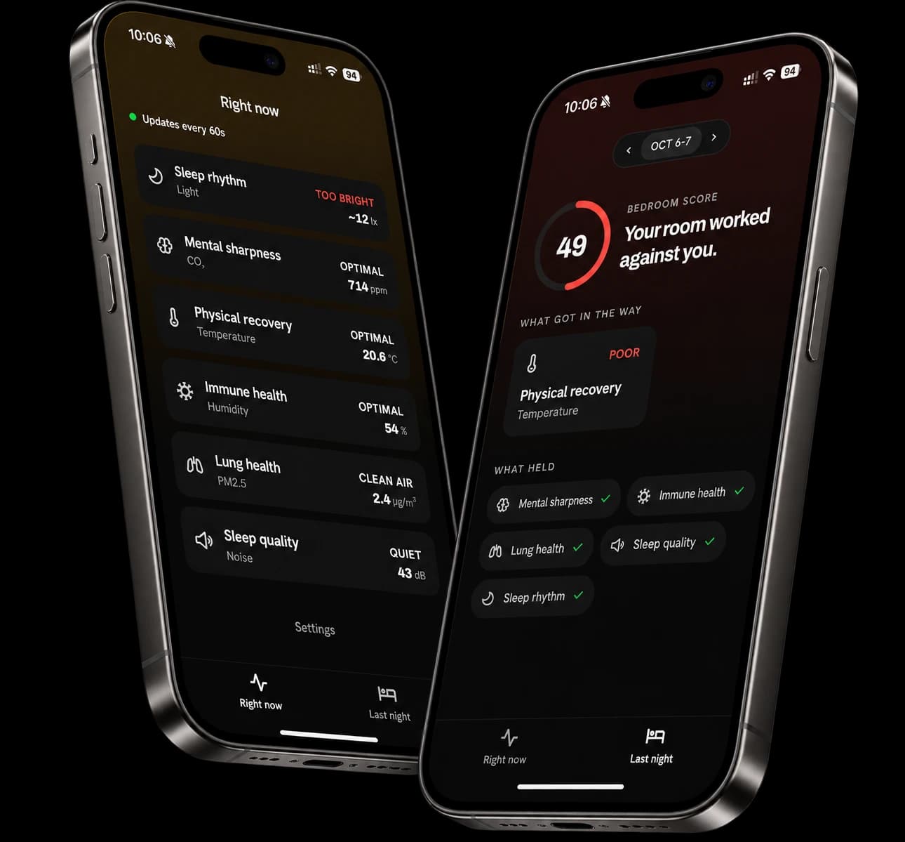 The TOP player app: the bedroom right now, and last night's Bedroom Score